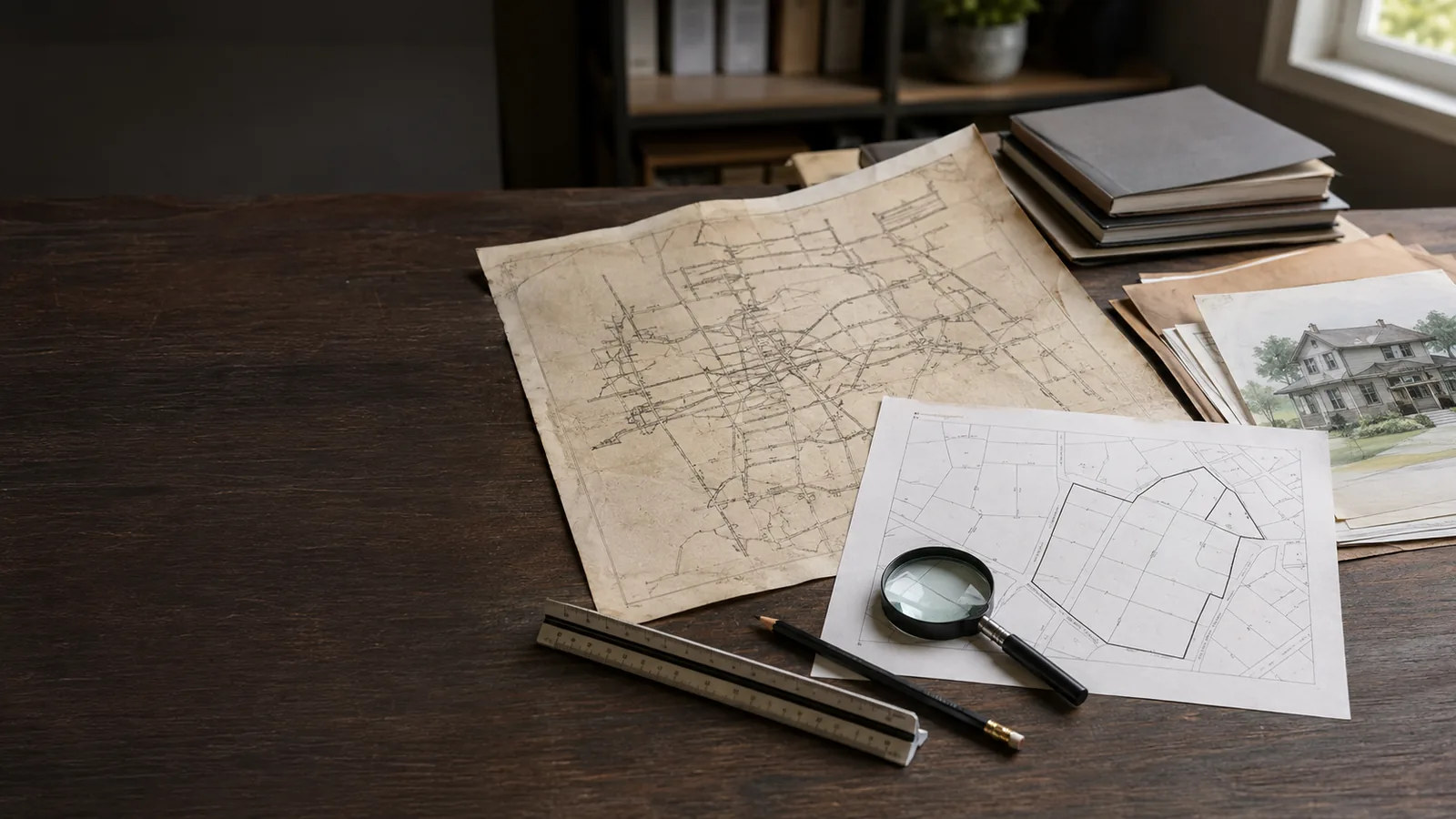 Illustrative arrangement of a historic mine plan, parcel map, and house documents on a survey table