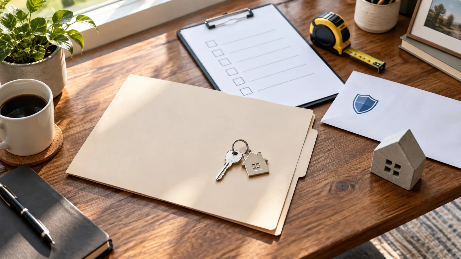 Illustrative desk with a contract folder, house key, checklist, measuring tape, insurance envelope, and house-shaped objects