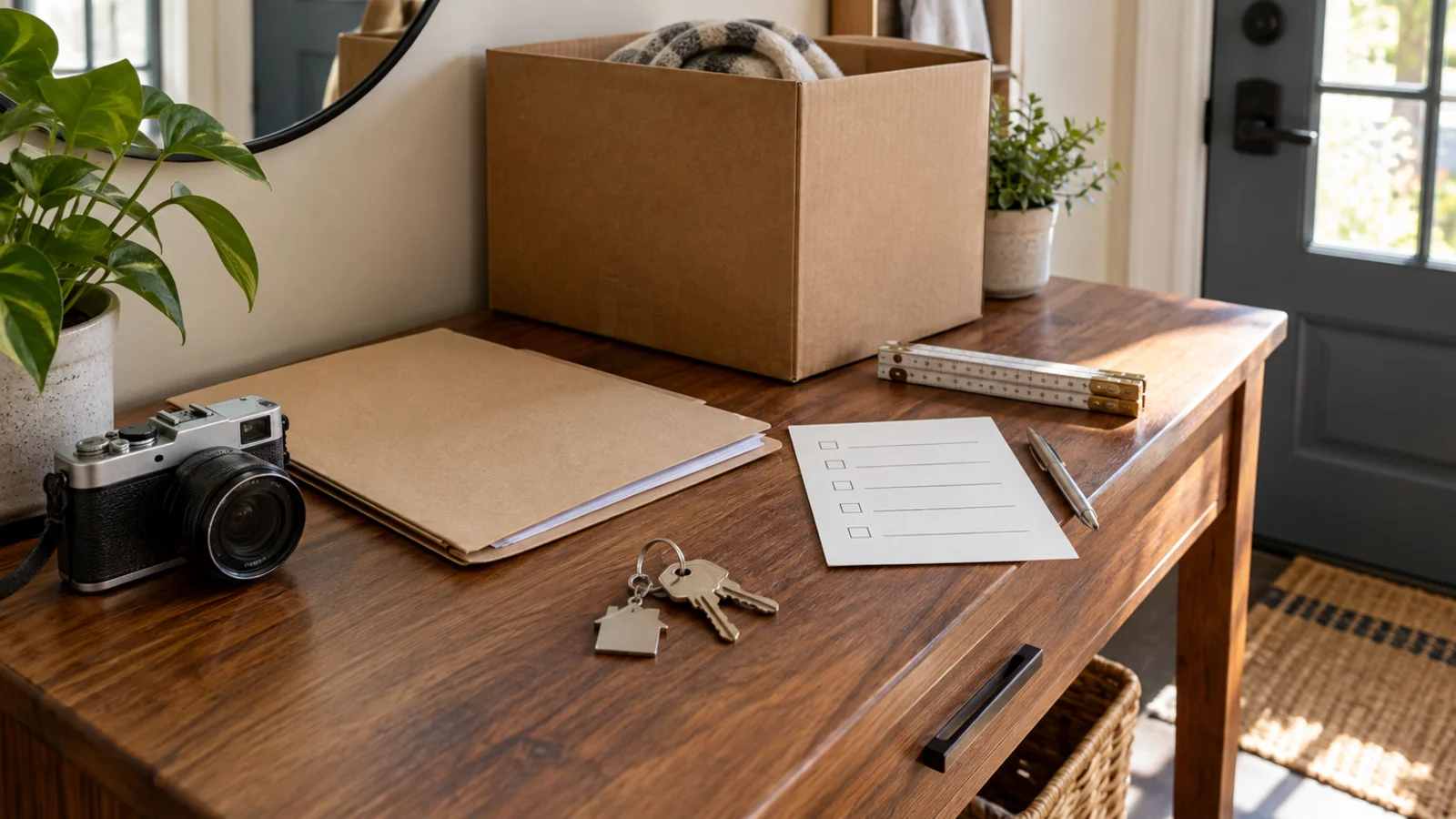 Illustrative entry table with keys, a property folder, camera, checklist, measuring ruler, and moving box