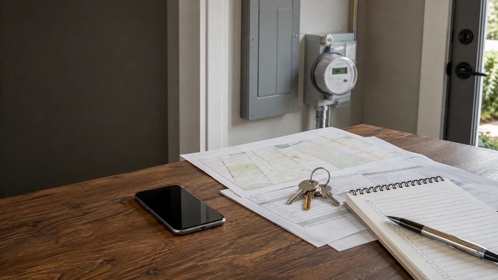 Illustrative arrangement of a utility meter, service paperwork, house keys, and an address map for a residential move