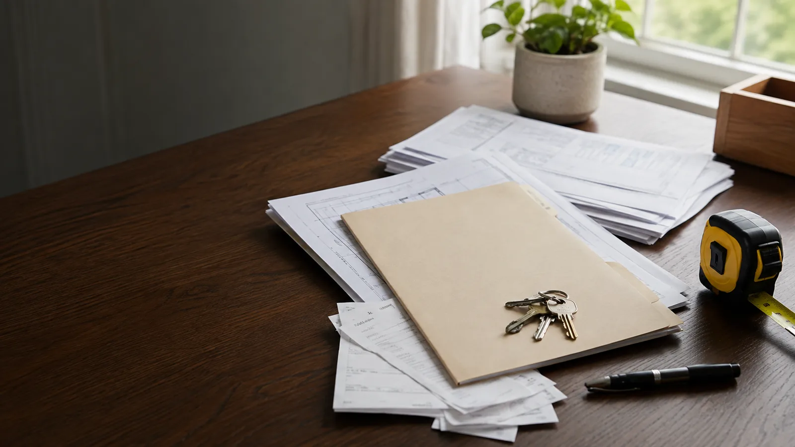 Illustrative arrangement of property records, a folder, house keys, a measuring tape, and a pen on a table