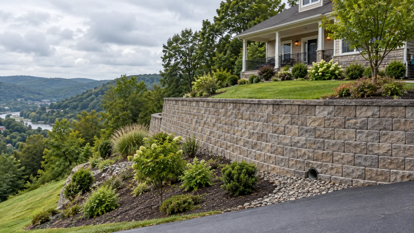 Illustrative view of a segmented masonry retaining wall supporting a landscaped slope below a house