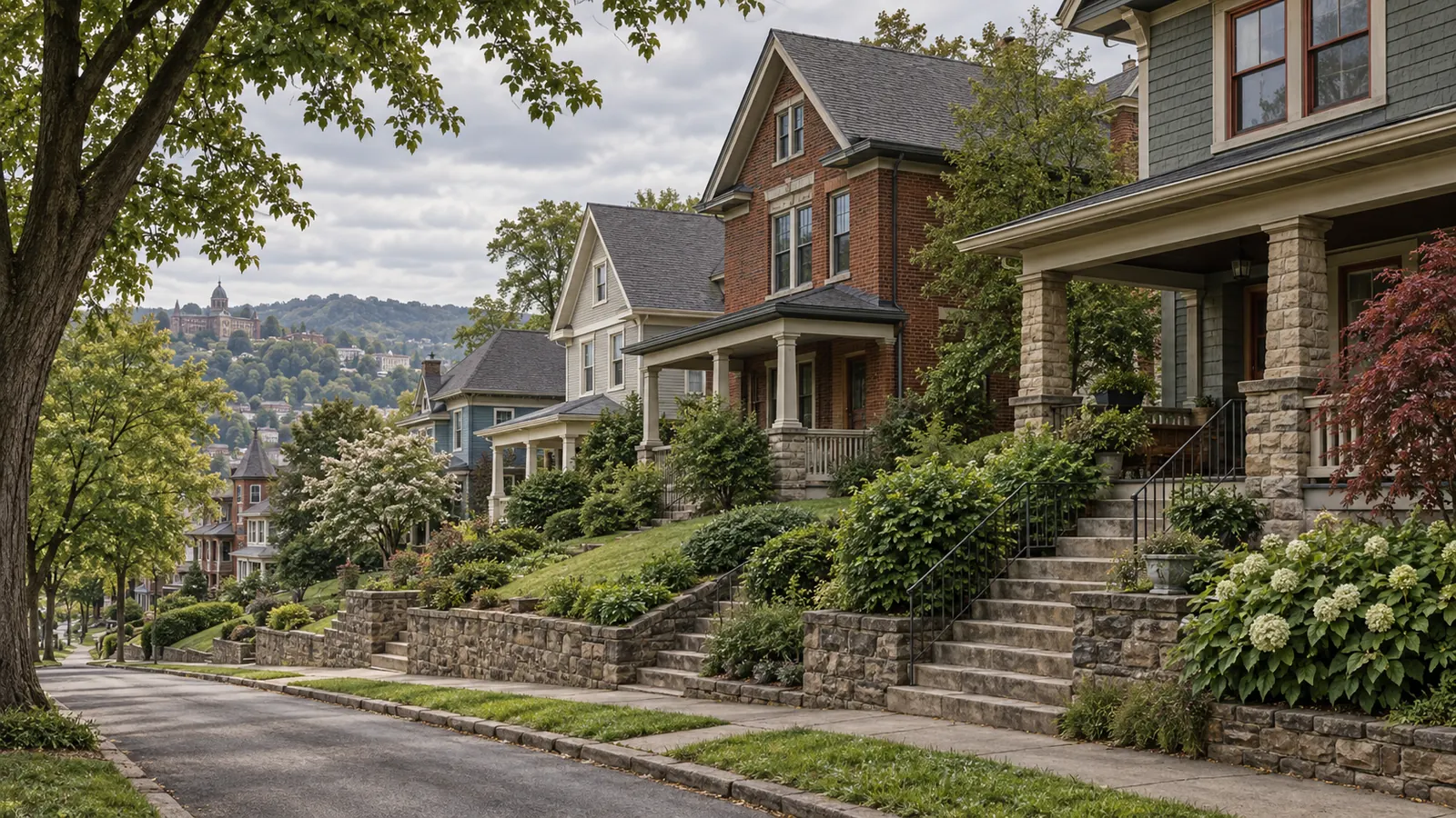 Illustrative hillside street with older houses, porches, masonry steps, and trees